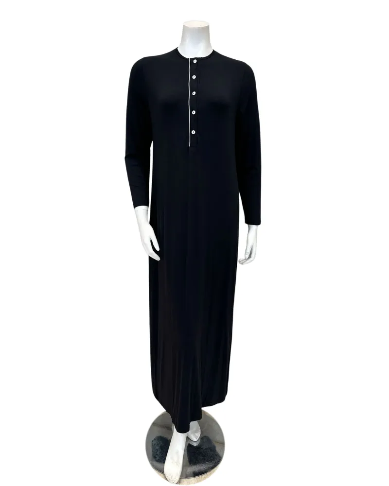 AL854BLK Solid Black with White Piping Button Down Modal Nightgown