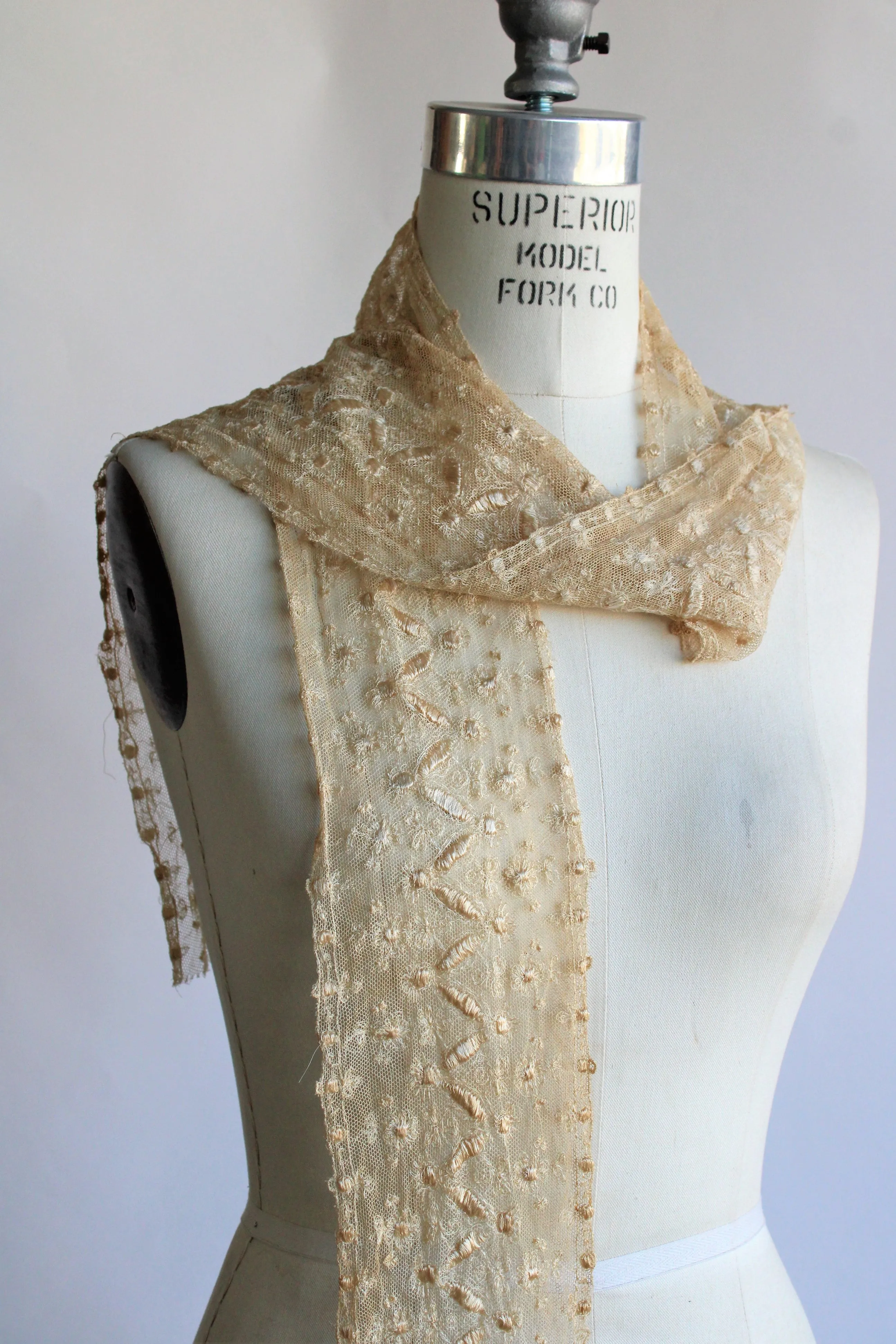 Antique 1910s 1920s Silk Lace Scarf or Sash or Trim