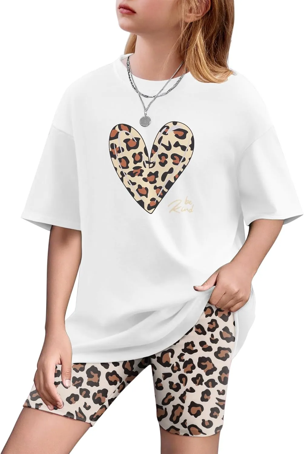 Arshiner Girls 2 Piece Outfits Drop Shoulder T-Shirts and Biker Shorts Sets