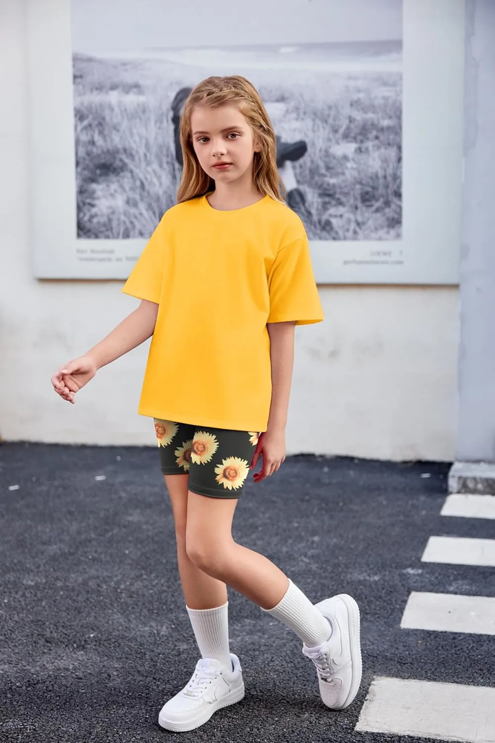 Arshiner Girls 2 Piece Outfits Drop Shoulder T-Shirts and Biker Shorts Sets