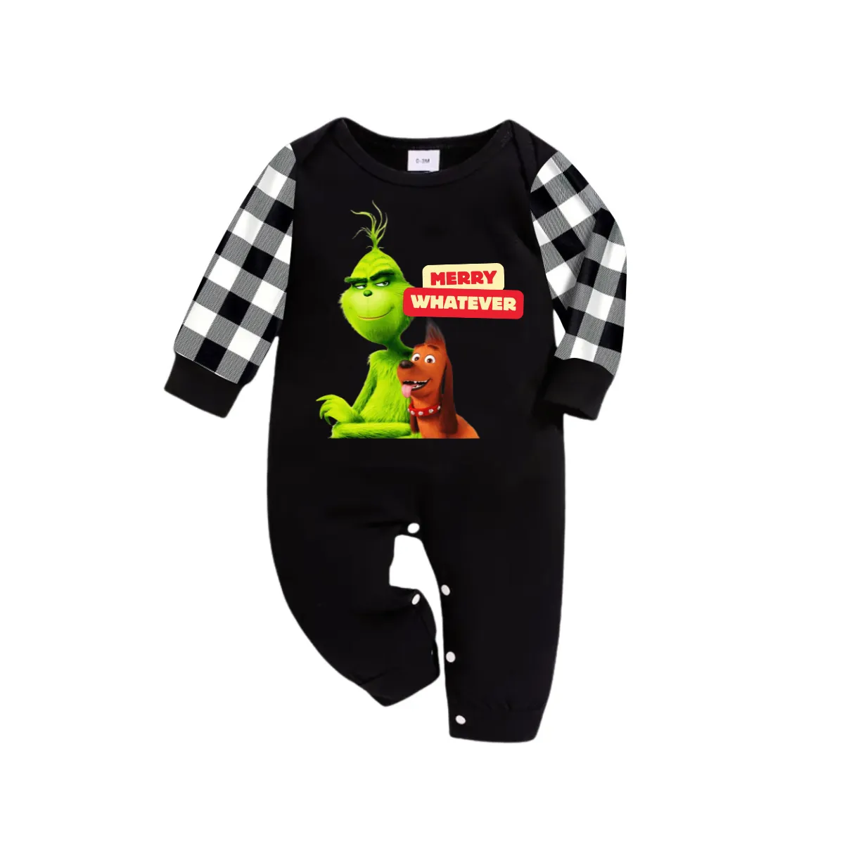 Cartoon Pattern and "Merry Whatever" Text Printed Black and White Plaid Family Matching Pajamas