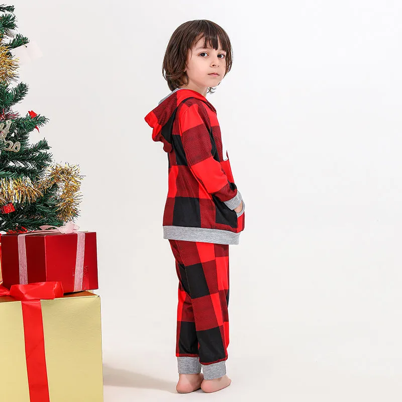 Christmas Bear Print Family Matching Plaid Print Drawstring Hoodie & Pants PJ Set