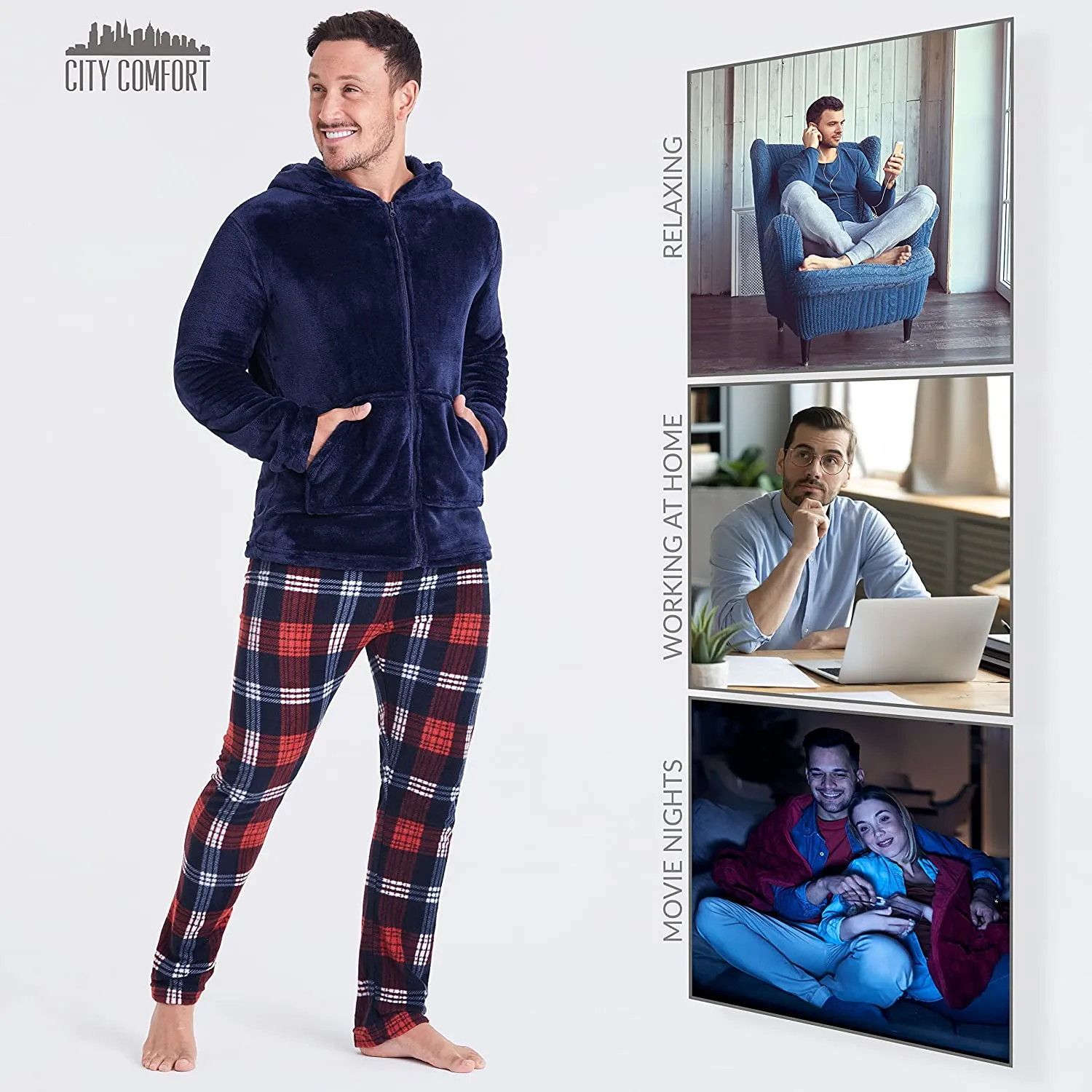 CityComfort with Warm Hoodie and Soft Bottoms Pyjamas Set for Men