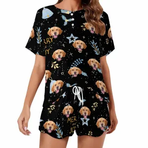 Custom Womens Valentine Short round neck Pajama Set With pet Face Personalized Photo Short Nightwear for GF Wife Gift