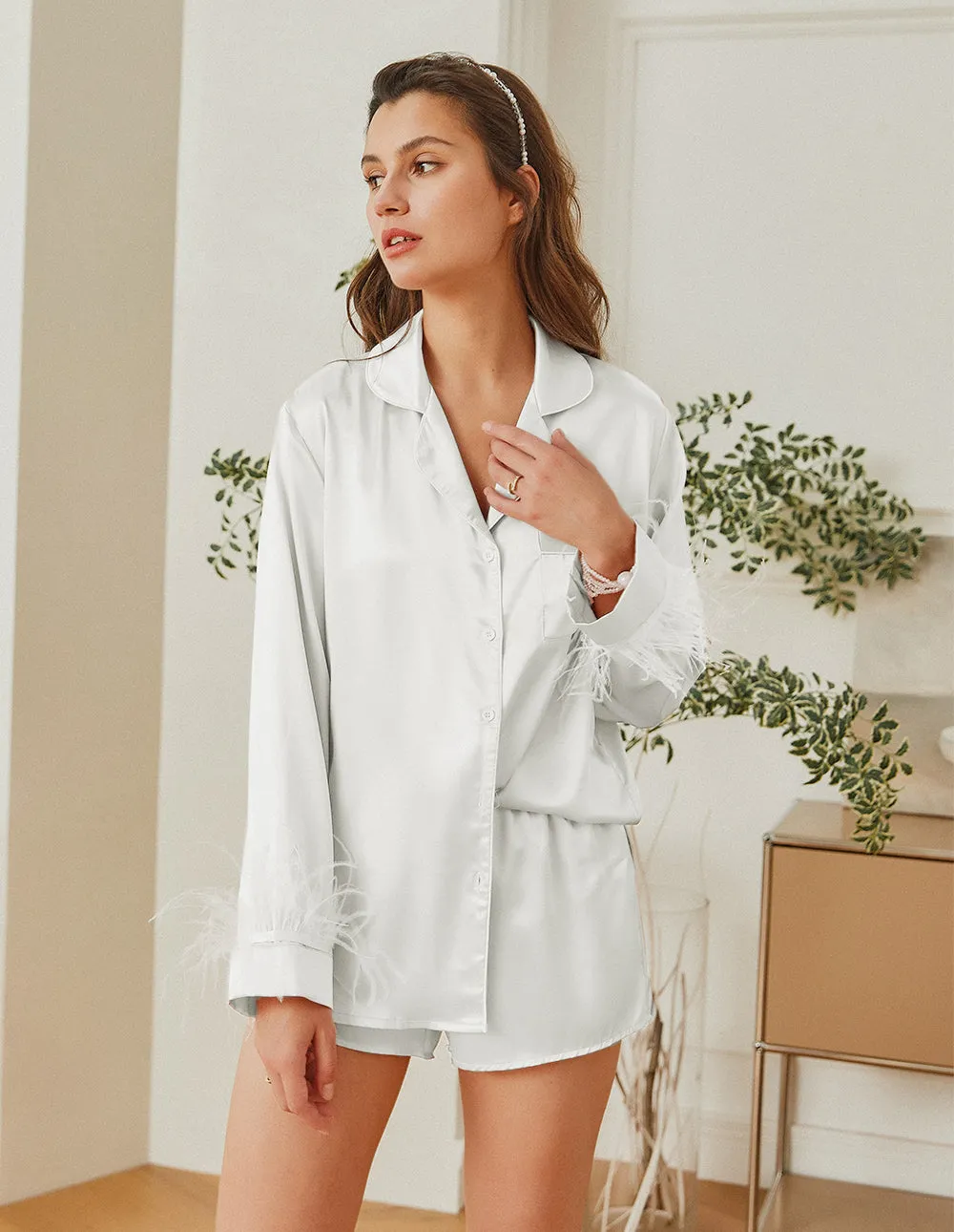 Feather Sleeve Satin Pajamas Set (US Only)