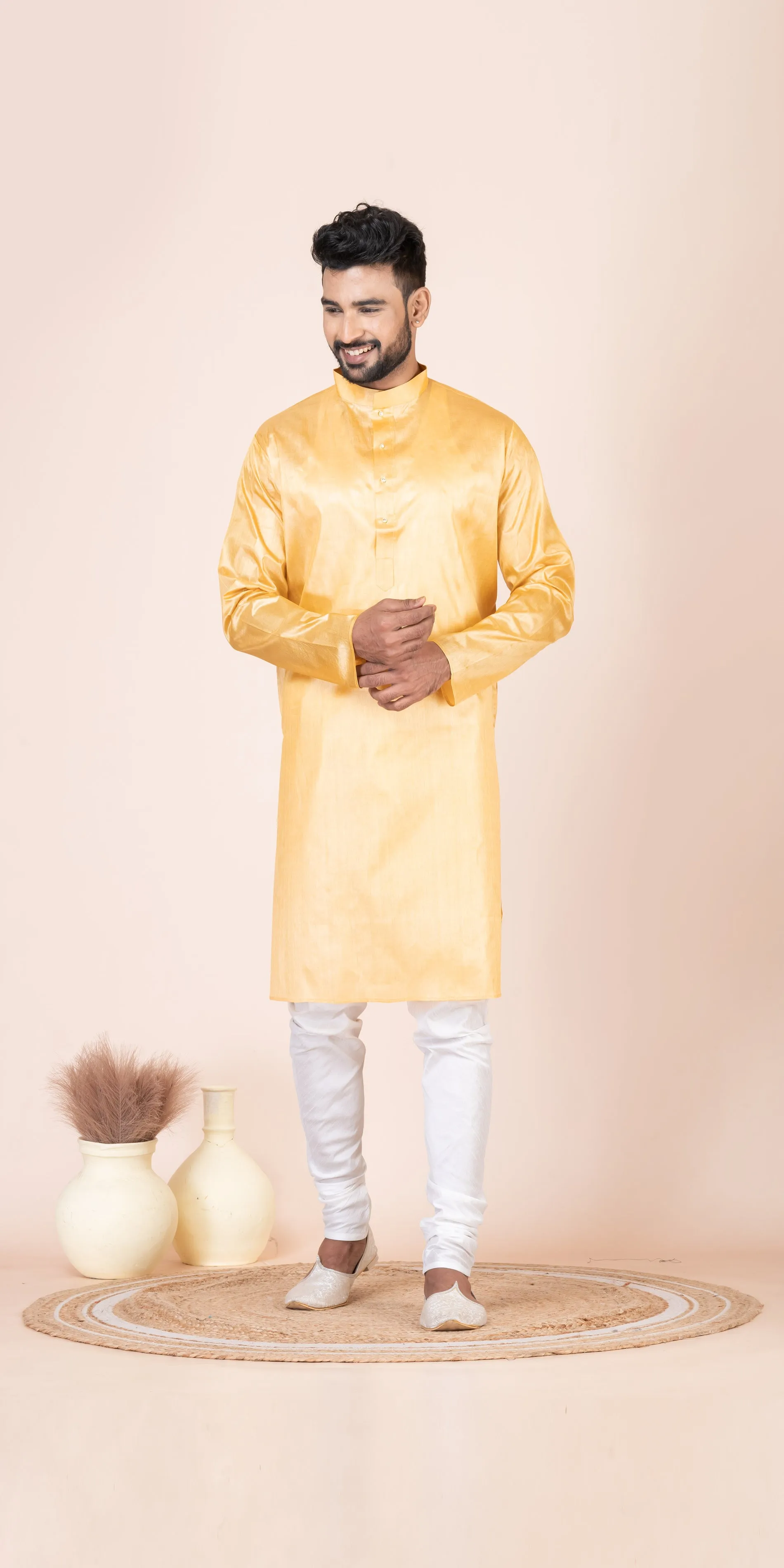 Golden Pure Kosa Silk Men's Kurta with Silk Mark