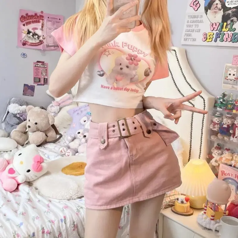 Hot girl short two-piece suit short-sleeved T-shirt for women   denim skirt