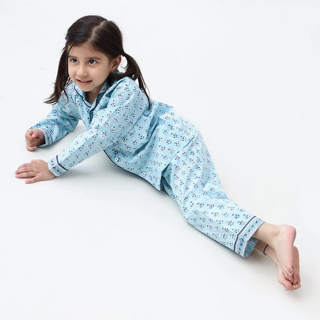 Lily Blockprint Pajama Set For Kids (English Blue)