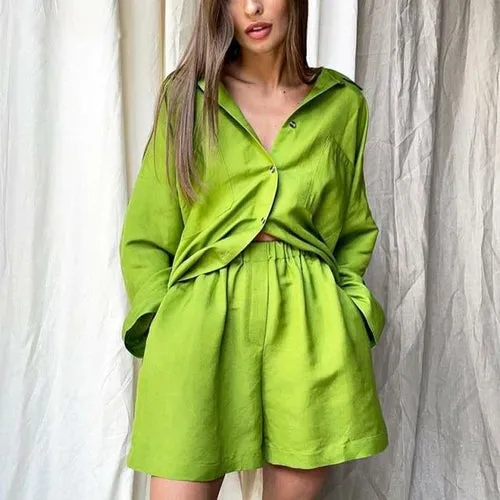 Linen Shorts Set andTurn-down Collar Long Sleeve Shirt