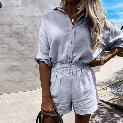 Linen Shorts Set andTurn-down Collar Long Sleeve Shirt
