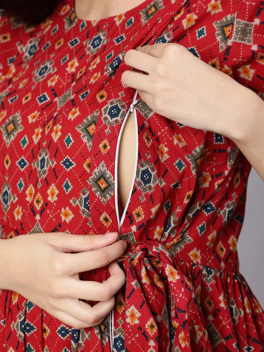 Maroon printed Cotton Maternity Dress
