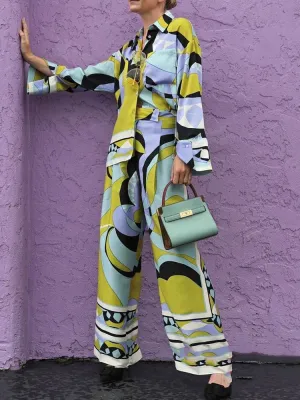Print 2Pc Matching Sets Vintage Geometric Print Women Suits Long Sleeve Bow Tie Loose Shirts High Waist Wide Leg