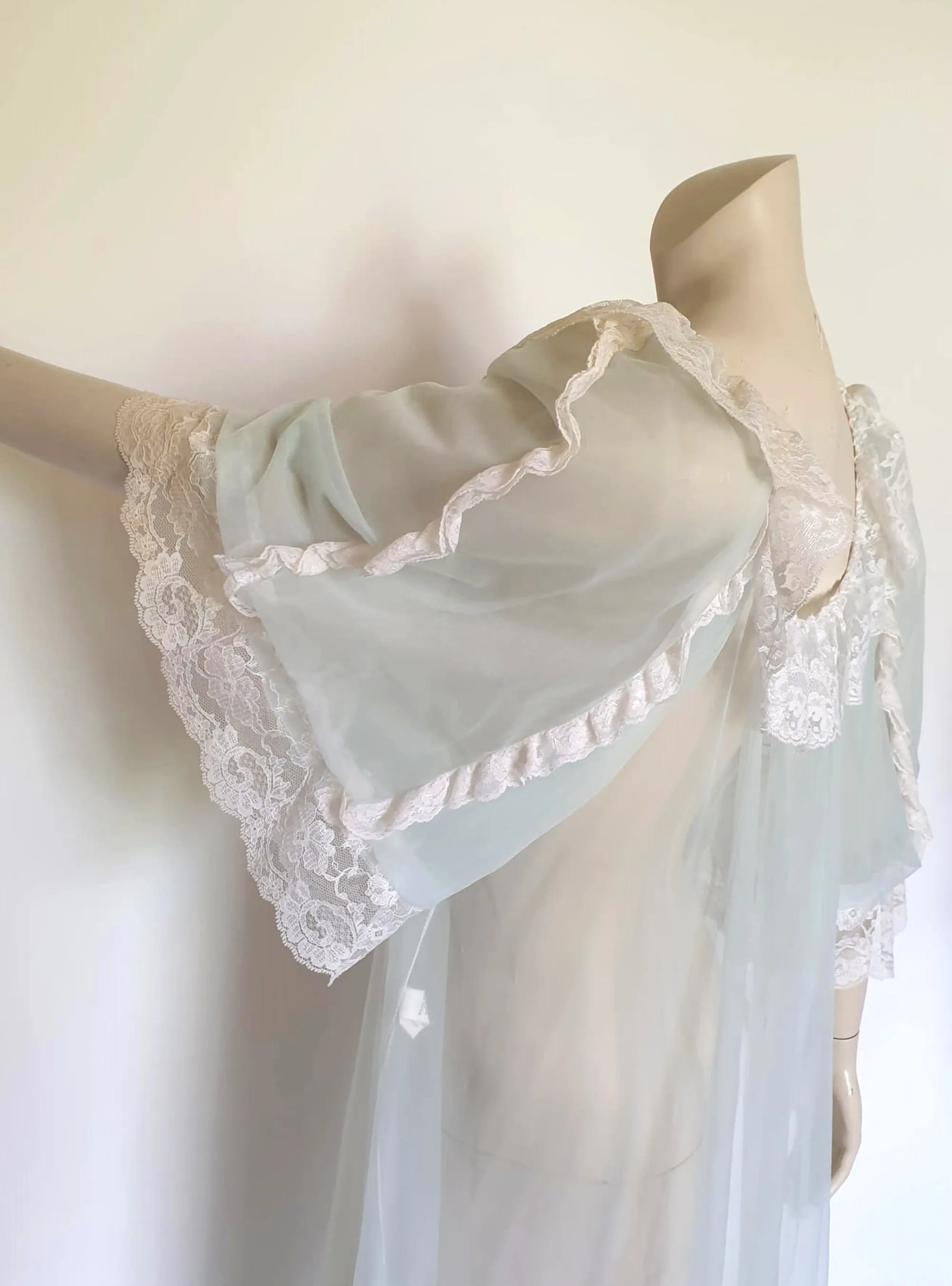 Sheer Aqua Peignoir, Robe, with Puff Sleeves and Lace by Tosca - XL