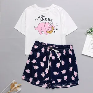 Womens Homewear Cute Cartoon Printed Pajamas Set Casual Short Sleeve T-Shirt Sleepwear Nightwear Set Summer Pyjama For Women Set
